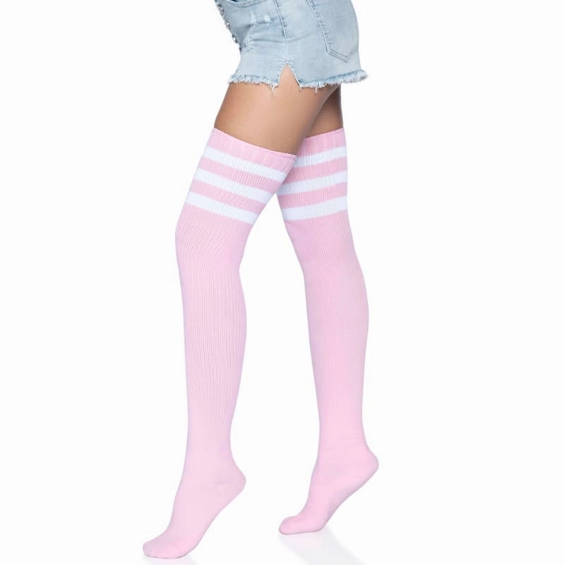 3 Stripes Athletic Ribbed Thigh Highs - One Size - - One Size - Light Pink