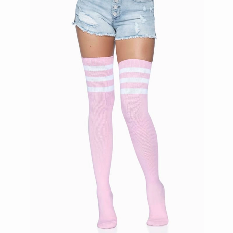 3 Stripes Athletic Ribbed Thigh Highs - One Size - - One Size - Light Pink