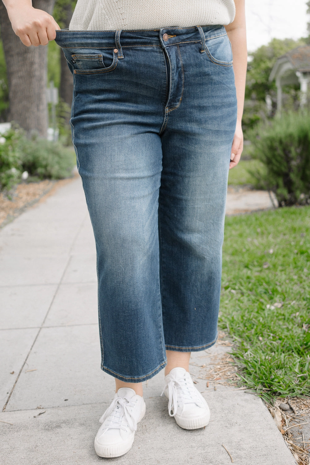 Cassandra Mid Rise Tummy Control Crop Wide Leg Jeans - PLUS