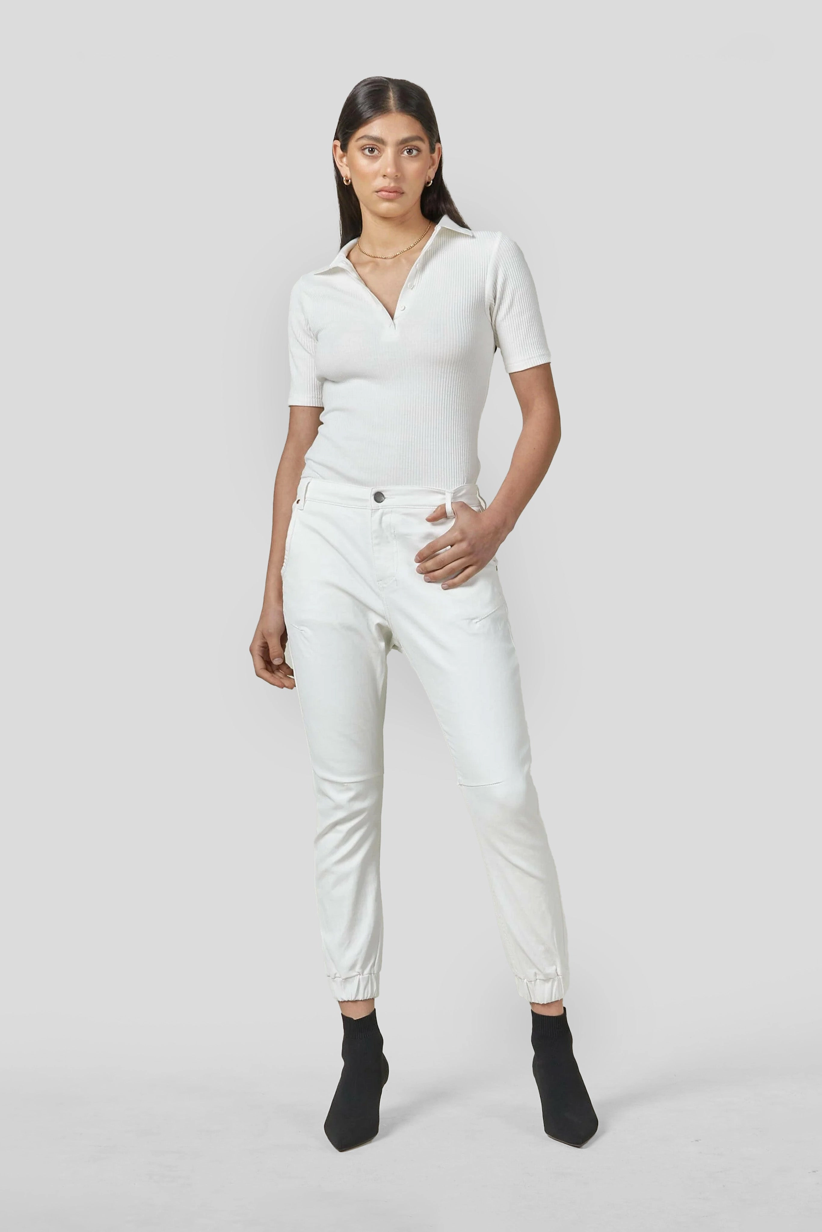 Coated Denim Cuffed White Jeans