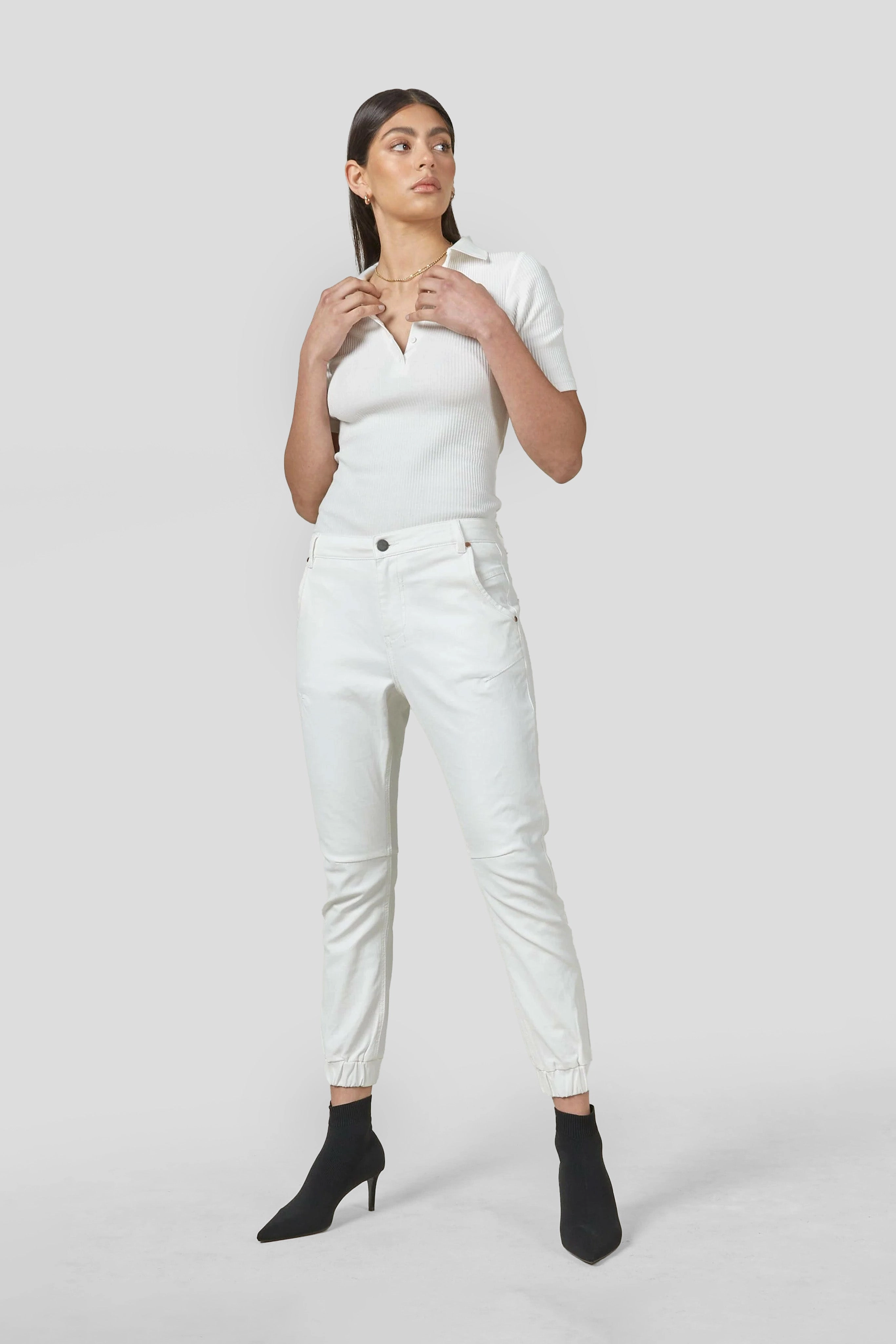 Coated Denim Cuffed White Jeans