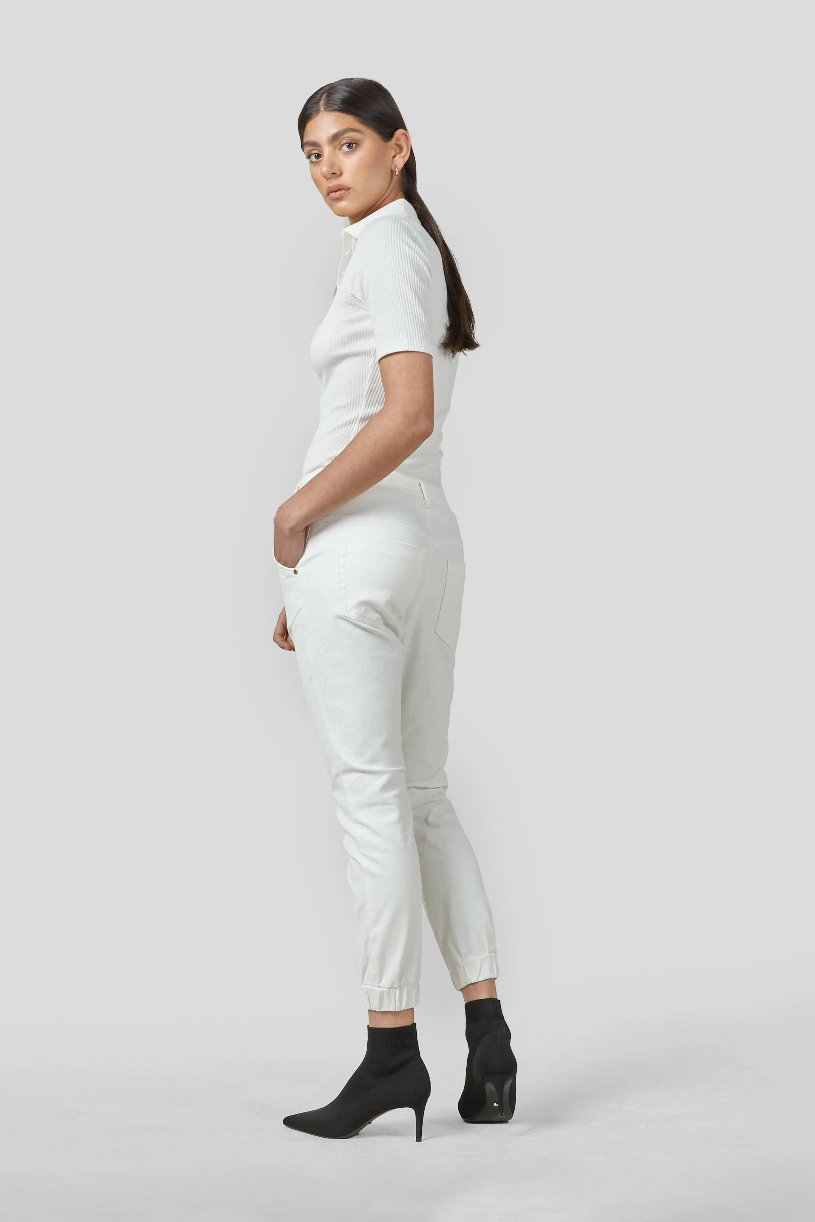 Coated Denim Cuffed White Jeans