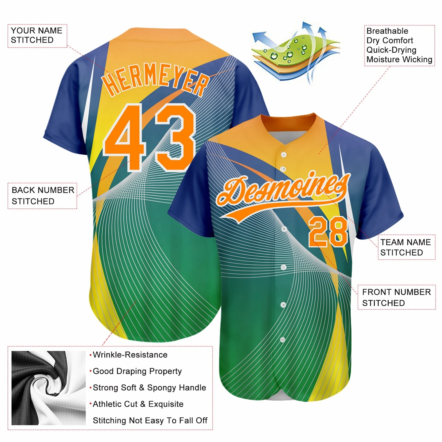 Custom Kelly Green Bay Orange-White 3D Pattern Design Abstract Sport Authentic Baseball Jersey