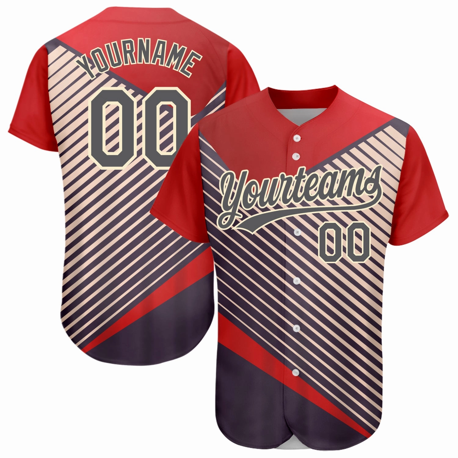 Custom Red Steel Gray=Cream 3D Pattern Design Abstract Sport Authentic Baseball Jersey