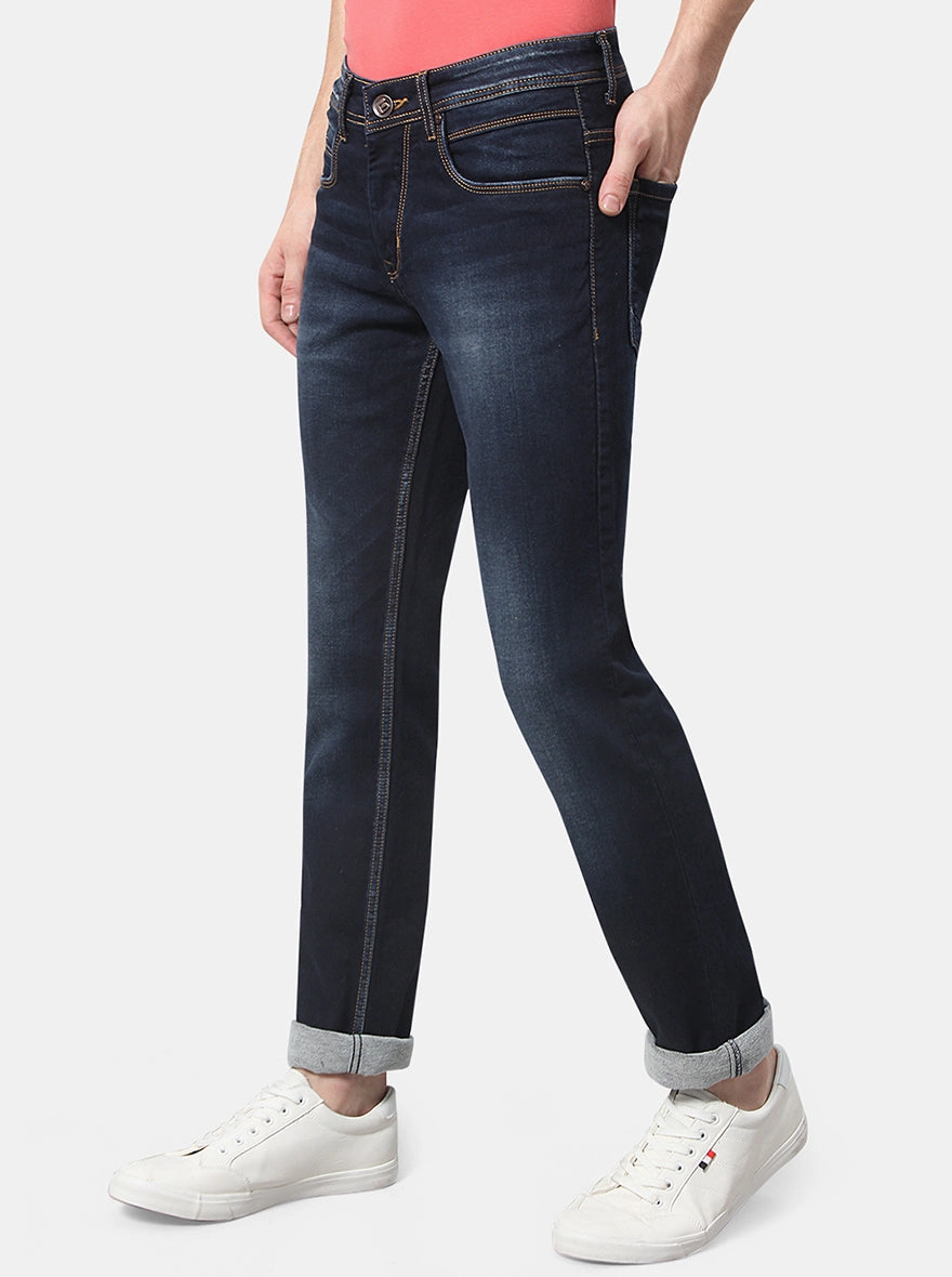 Dark Blue Solid Slim Fit Jeans | Greenfibre