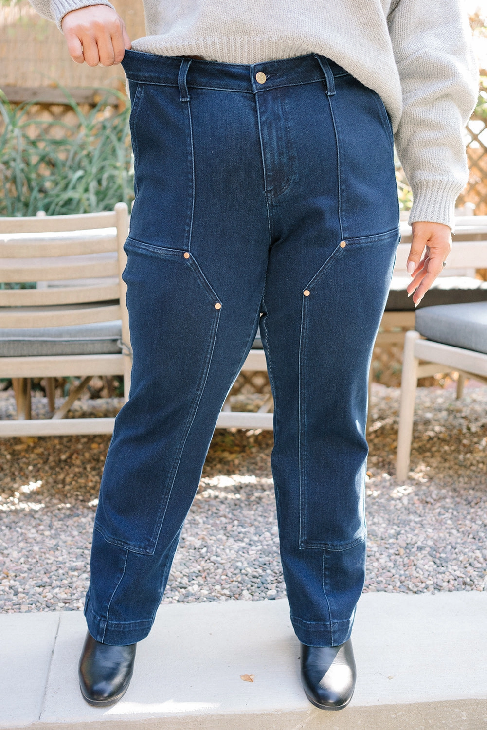 Leslie High Rise Work Wear Knee Patch Straight Jeans - PLUS
