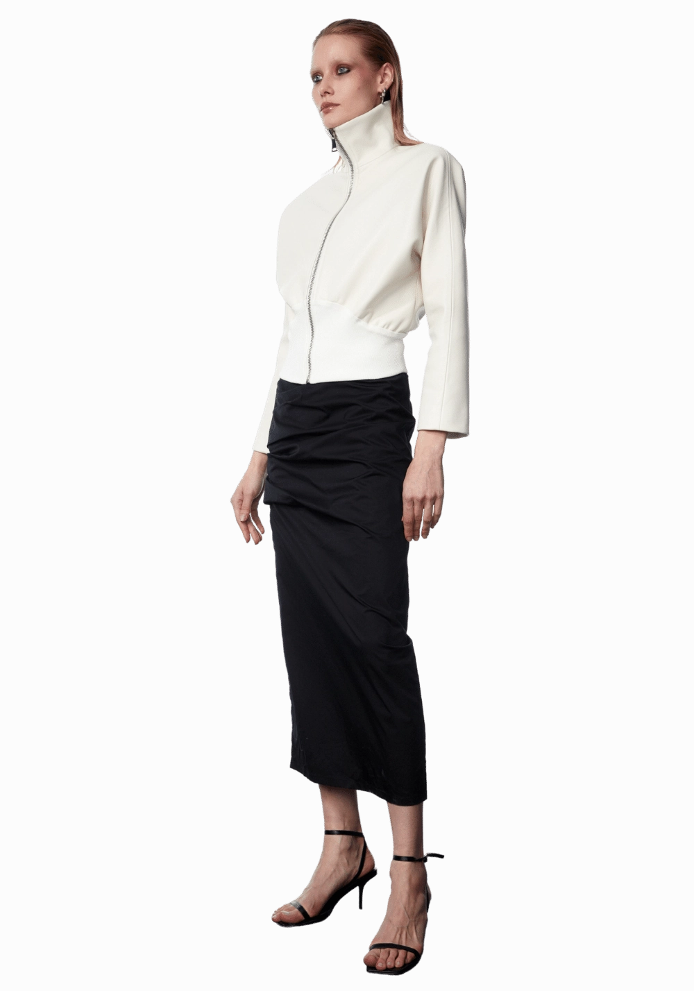 Pleated Nylon Slit Midi Skirt