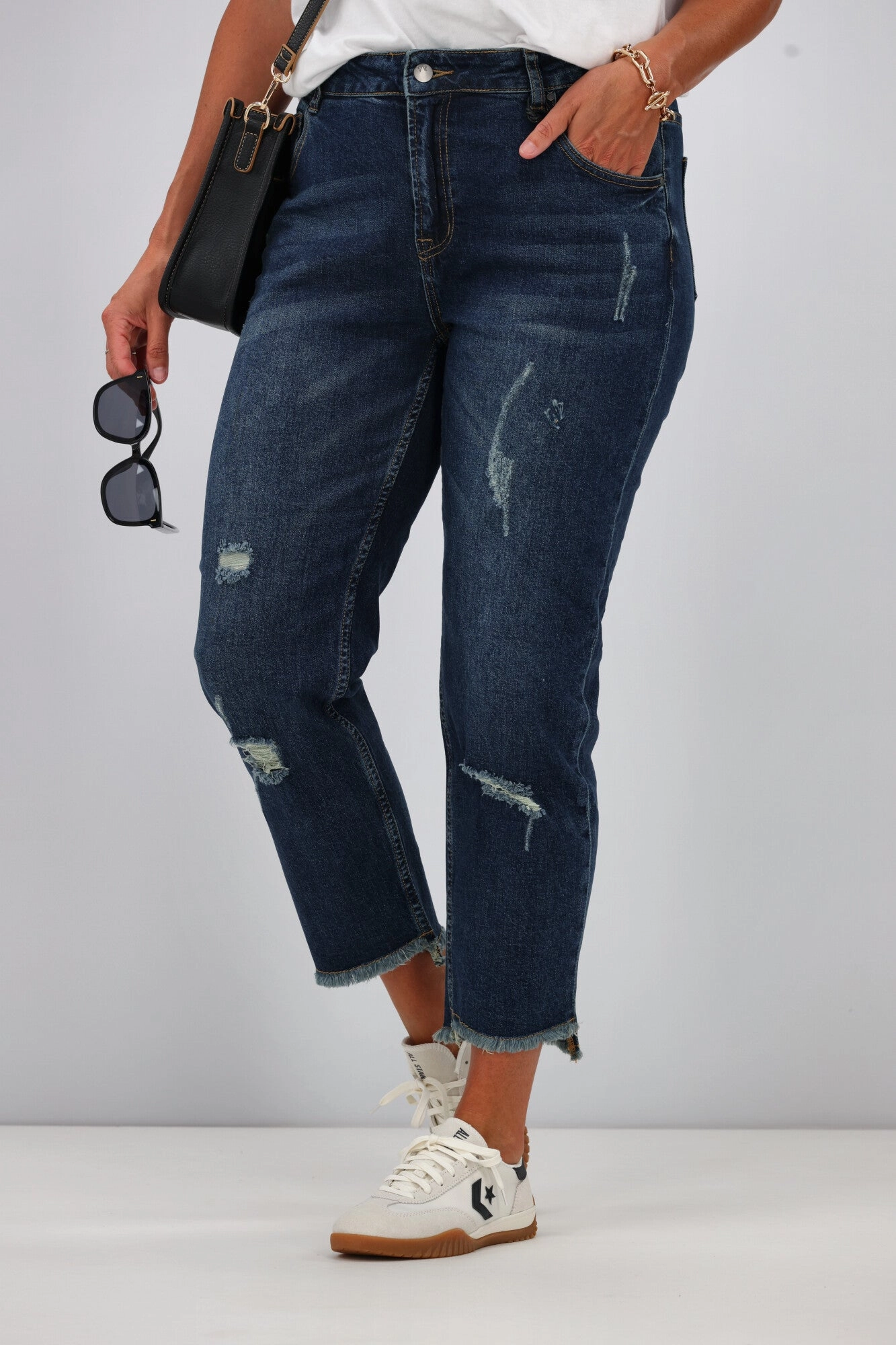 Shine On Label Orlando Boyfriend Distressed Jean Dark Indigo