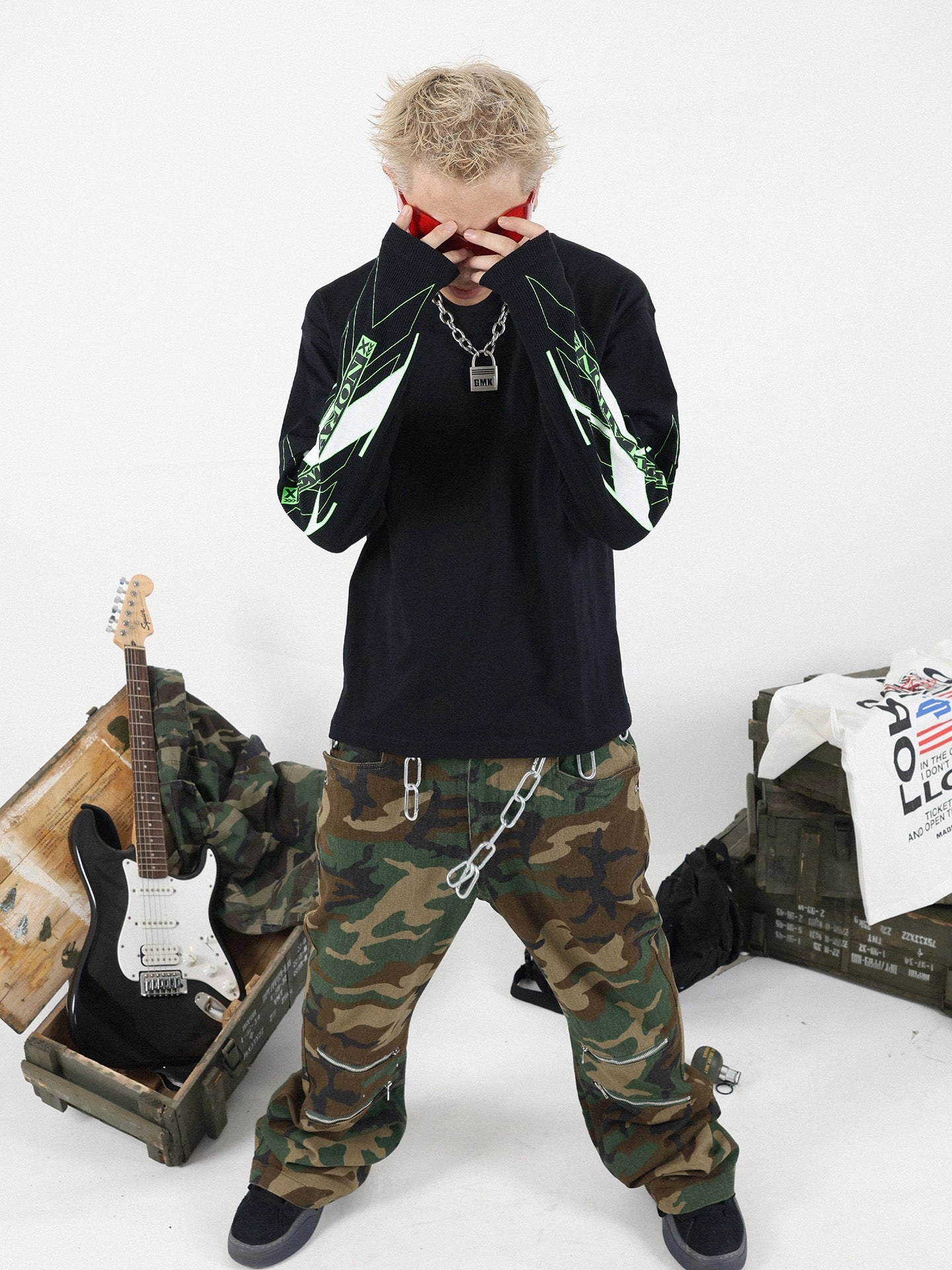 X Fake Two Piece Waffle Stitching Long Sleeve Shirt