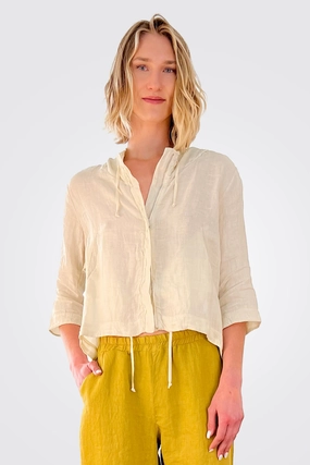 Zipped Hooded Linen Jacket - Sand