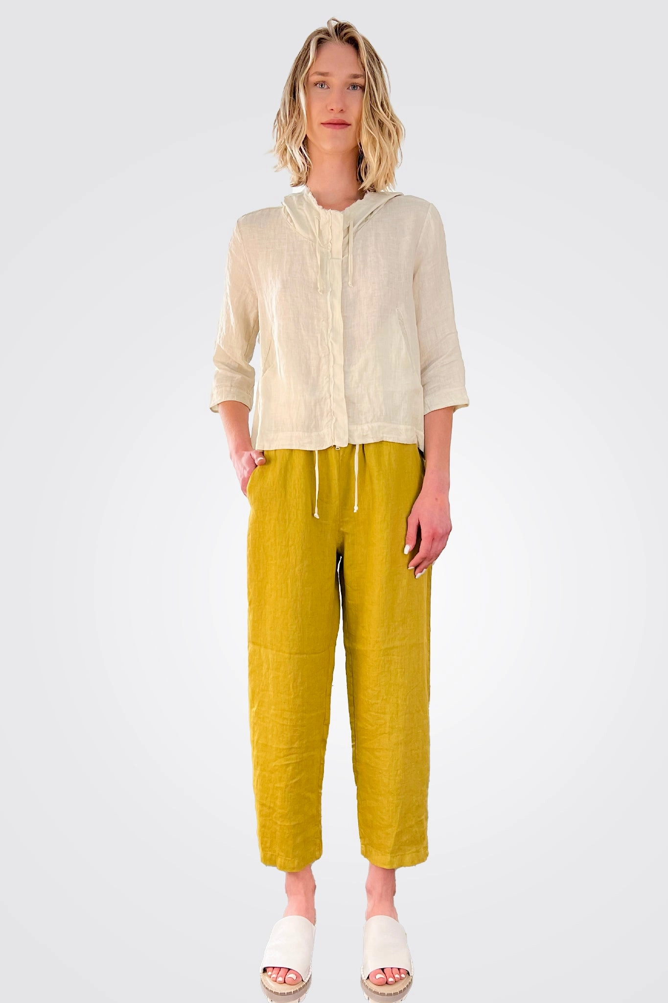 Zipped Hooded Linen Jacket - Sand