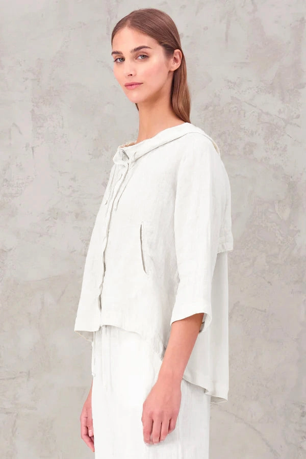 Zipped Hooded Linen Jacket - White